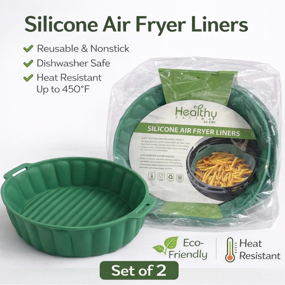 Silicone Air Fryer Liners Reusable Nonstick Heat Resistant Green Set New
